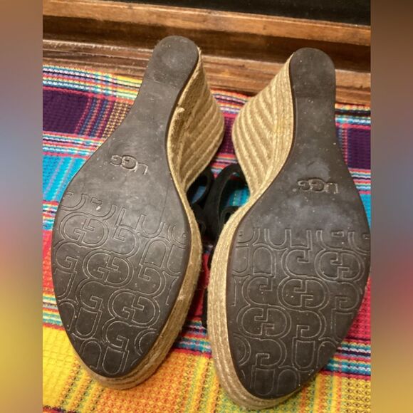 Ugg Black High Heeled Slip on Leather Sandals Braided Jute Covered Heels Sz 9 - Picture 16 of 16